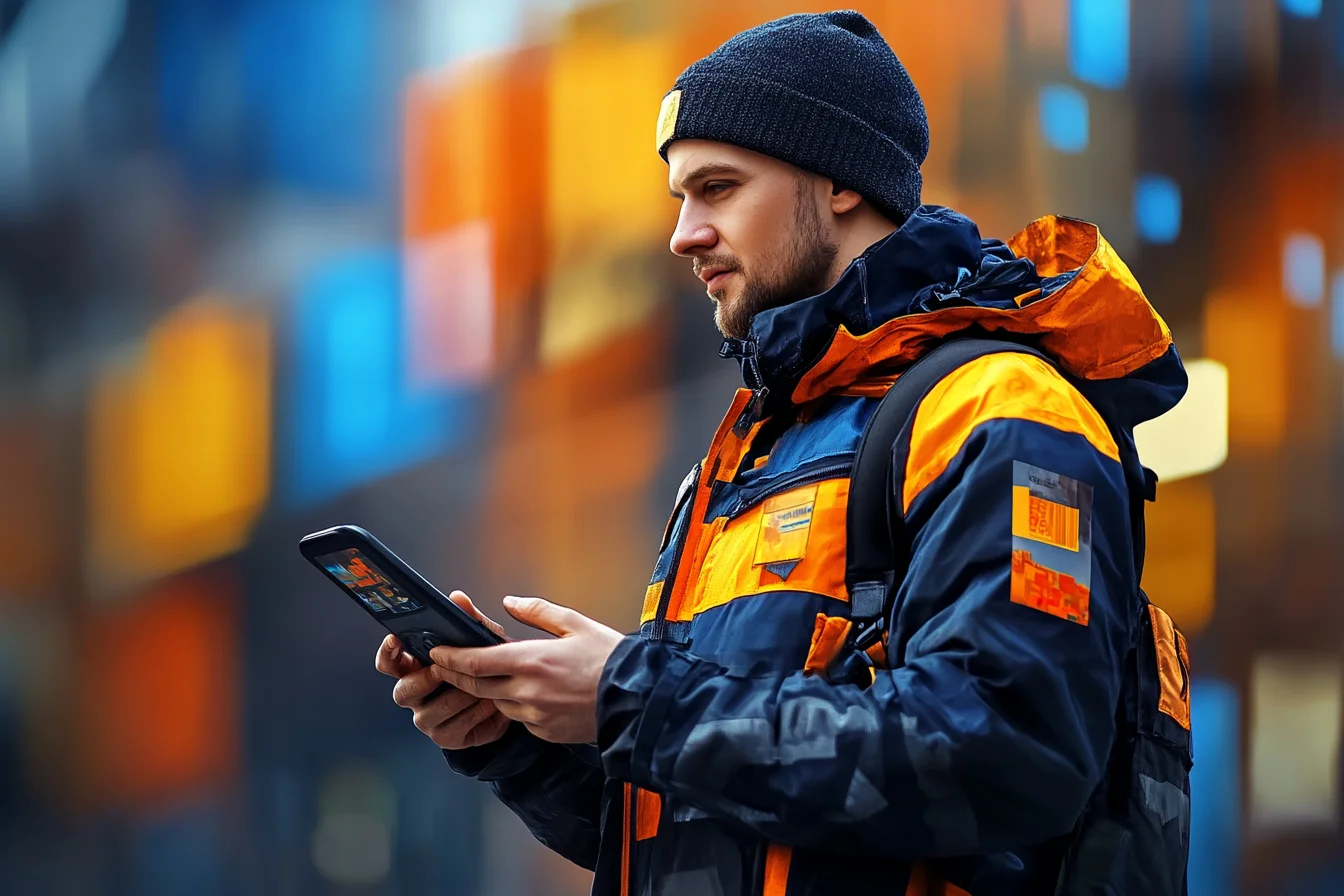 Magazynier w kurtce z odblaskami trzyma smartfon podczas obsługi przesunięcia towaru na regałach